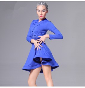 Violet purple royal blue black long sleeves v neck lace patchwork women's ladies female competition performance latin ballroom dance dresses outfits